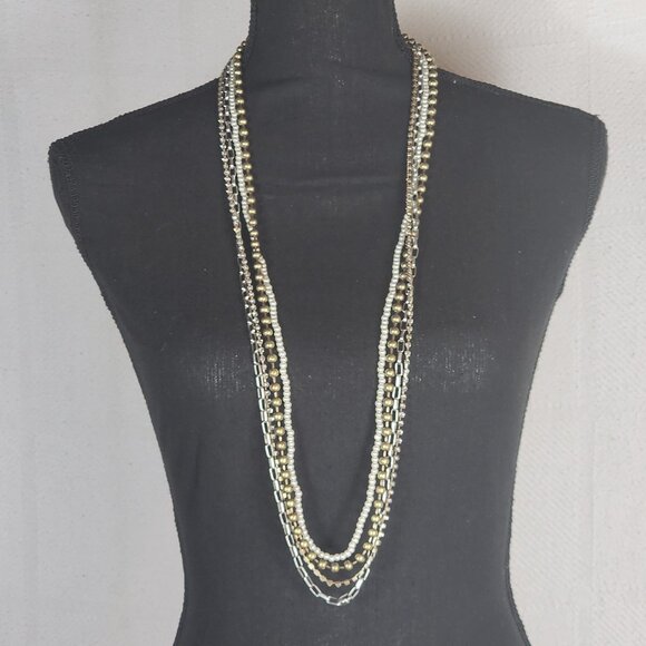 Chico's Silver Gold White Faux Pearl Crystal Ball Chain Box Link 36" Necklace - Picture 1 of 16